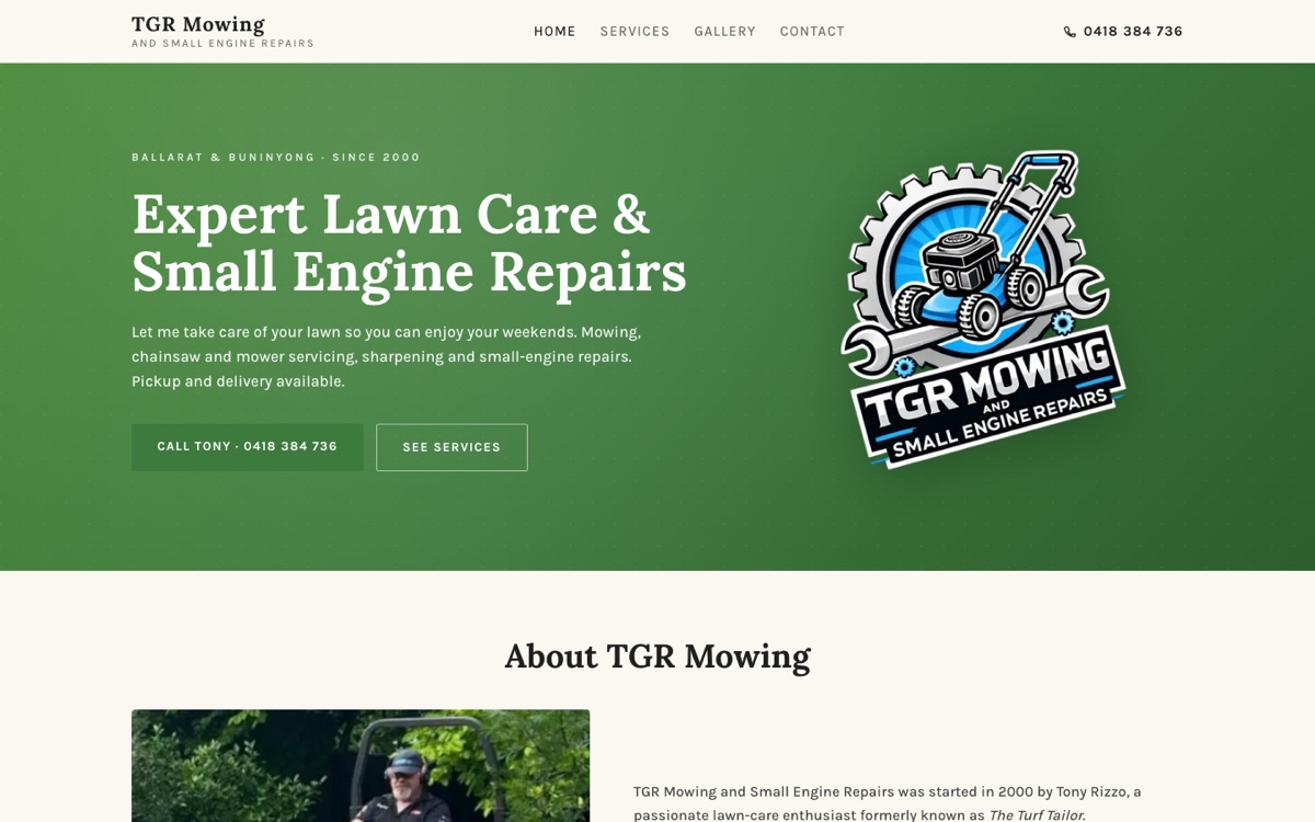 Home page of the TGR Mowing and Small Engine Repairs website